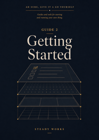 Front cover of Getting Started, Guide 2 in the Steady Works series, featuring a dark navy background and a layered systems motif.