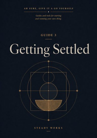 Front cover of Getting Settled, Guide 3 in the Steady Works series, featuring a dark navy background and a balanced geometric motif.